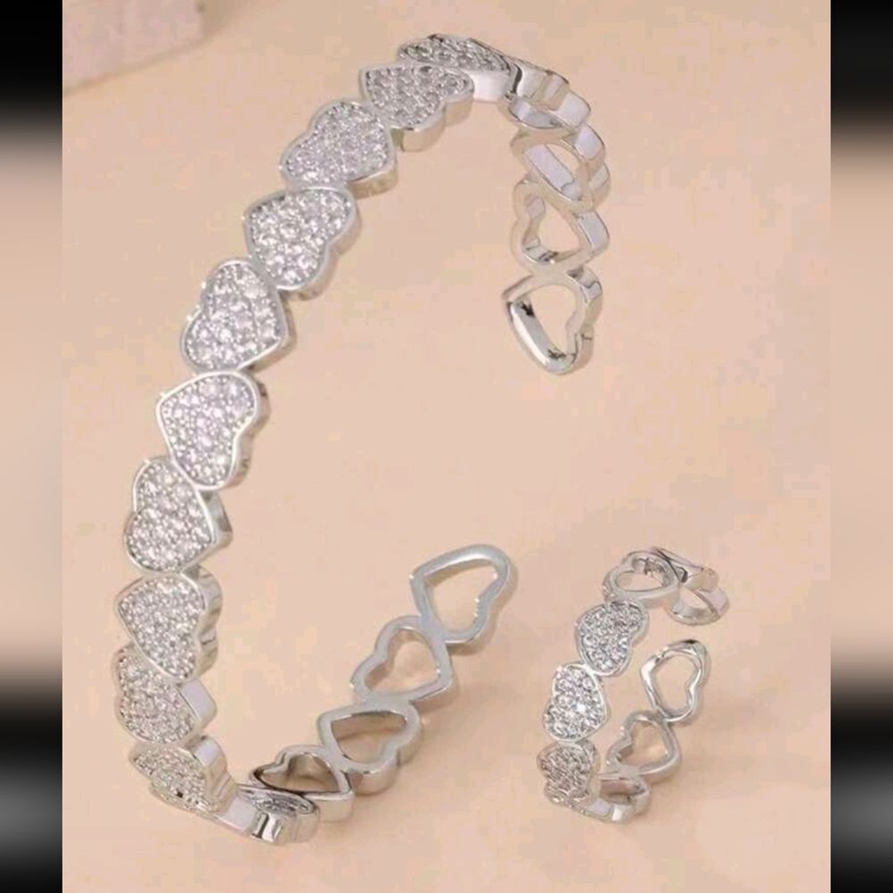 Silver Diamond Heart Bangle Bracelet With Matching Ring